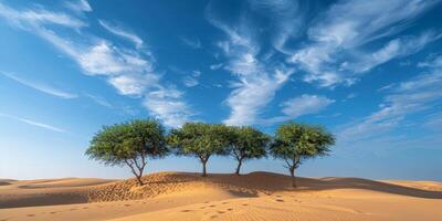 ai generado sereno oasis lozano verdor en medio de dorado Desierto dunas debajo azul cielo foto