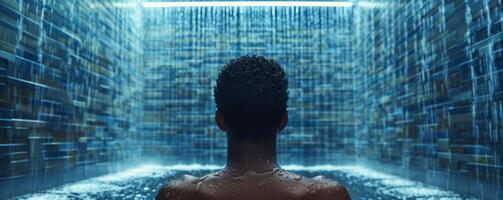 AI generated Modern Man Relaxing in Atmospheric Blue Tile Steam Room photo