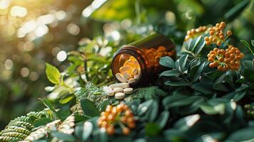 Bottle Filled With Pills in Lush Green Forest photo