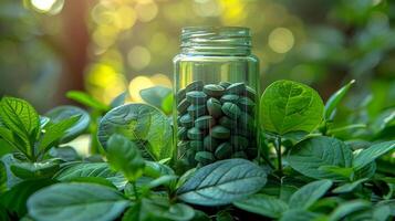 Bottle Filled With Pills in Lush Green Forest photo