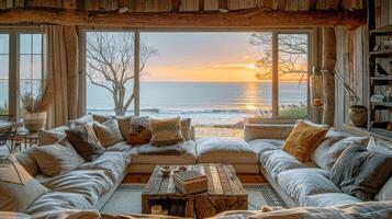 un vivo habitación con mueble y grande ventana foto