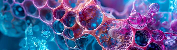 A vivid, abstract representation of cells under a microscope with a dynamic contrast of pink and blue hues photo