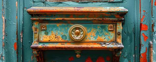 Vintage Teal Mailbox with Rustic Orange Accents on Textured Wall photo