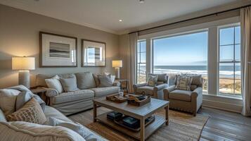 A Living Room With Furniture and Large Window photo