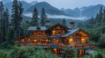 Log Cabin in the Mountains at Night photo