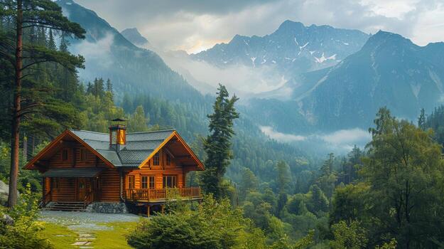 Log Cabin in the Mountains at Night photo