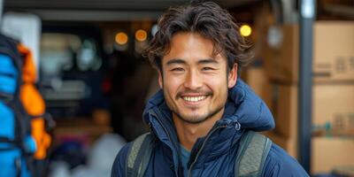 Adventurous Man with Backpack Smiling Before a Journey photo