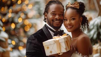 Man and Woman Holding Gift in Front of Christmas Tree photo