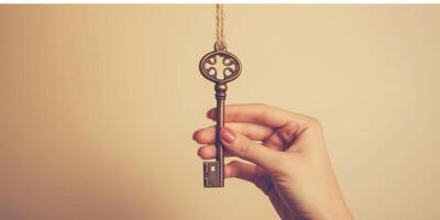 Hand Holding a Vintage Key on a Neutral Background photo