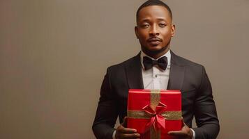 Man in Tuxedo Holding Red Gift Box photo