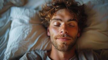 hombre tendido en cama con ojos cerrado foto