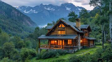 Log Cabin in the Mountains at Night photo