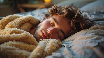 hombre tendido en cama con ojos cerrado foto