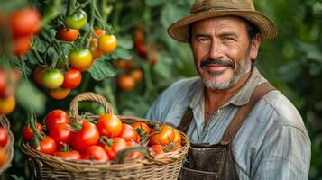 hombre participación cesta de Tomates en invernadero foto