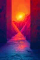 Futuristic Crimson Sunset Corridor Overlooking Rugged Mountains photo