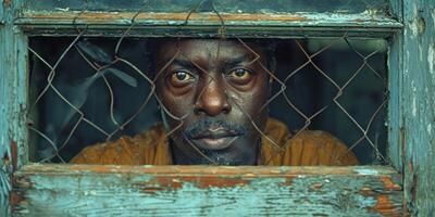 Soulful Eyes Looking Through a Wire-Gridded Window in Blue Tones photo