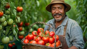 Man Holding Basket of Tomatoes in Greenhouse photo