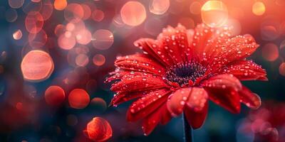 escarlata gerbera margarita con agua gotas y brillante bokeh foto