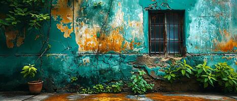 Aged Turquoise Wall with Peeling Paint and Plants photo