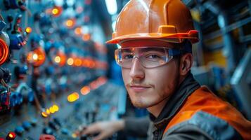 Man Wearing Hard Hat and Safety Glasses photo