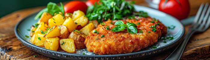 Homestyle Breaded Chicken Schnitzel with Roasted Potatoes and Salad photo