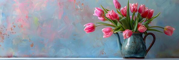 cerámico jarra lleno con floreciente rosado tulipanes en un blanco repisa, pastel antecedentes foto