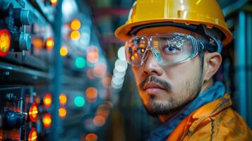 Man Wearing Hard Hat and Safety Glasses photo