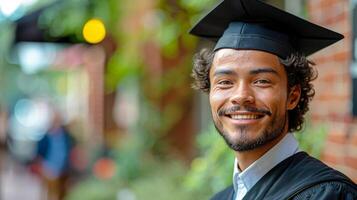 Man in Graduation Cap and Gown Standing Proud photo