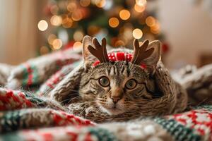 festivo atigrado gato en reno cornamenta cómodamente envuelto en Navidad cobija foto