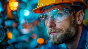 Man Wearing Hard Hat and Safety Glasses photo