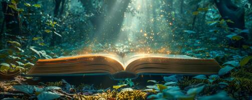 encantado abierto libro radiante mágico dorado ligero en fores foto