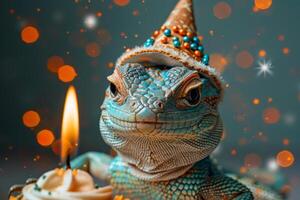 festivo geco celebrando con cumpleaños sombrero y luz de una vela foto