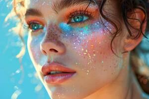 Fantasy Portrait Young Woman Adorned with Colorful Glitter photo