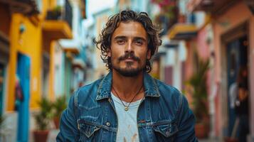 hombre con un barba y mezclilla chaqueta foto