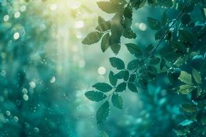 rayos de sol atravesar mediante lozano verde follaje punteado con Fresco gotas de rocío, creando un tranquilo, etéreo Mañana ambiente foto
