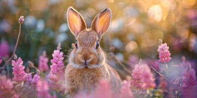 Curious Rabbit Among Pink Wildflowers in a Dreamy Meadow photo