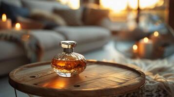 Bottle of Perfume on Wooden Table photo