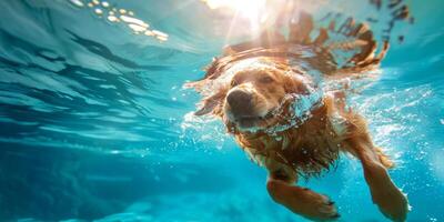 alegre perro buceo dentro el iluminado por el sol azul aguas de verano foto