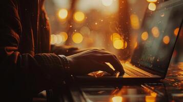 Person Typing on Laptop in Rain photo