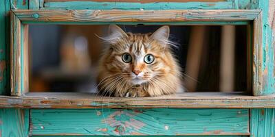 curioso gato mirando mediante rústico turquesa ventana marco foto