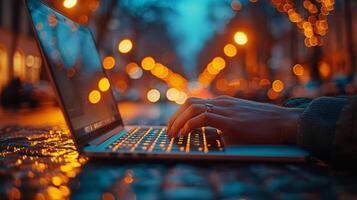 Person Typing on Laptop in Rain photo