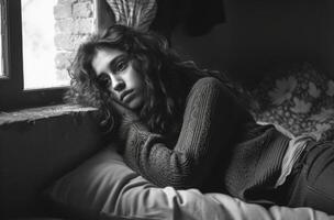 Pensive Young Woman Resting by the Window in Monochrome photo