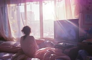 Woman Basking in Sunlight by the Window in a Cozy Bedroom photo