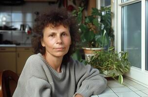 Casual Elegance at Home - Mature Woman Smiling by the Window photo