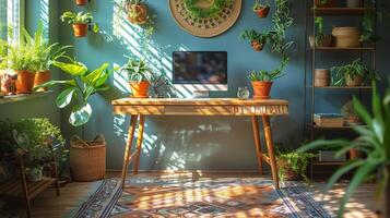 Workspace With Desk, Potted Plants, and Laptop photo