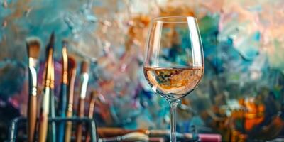 artístico composición con vino vaso en medio de del pintor cepillos foto