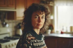 Contemplative Woman in a Warm Sweater in Her Vintage Kitchen photo