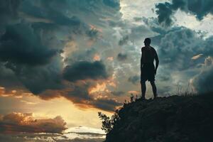 Man Standing on Top of Rock Under Cloudy Sky photo