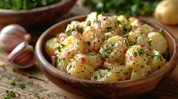 Wooden Bowl Filled With Potato Salad on Table photo