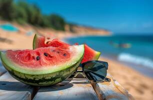 A Slice of Watermelon With Sunglasses on a Beach photo